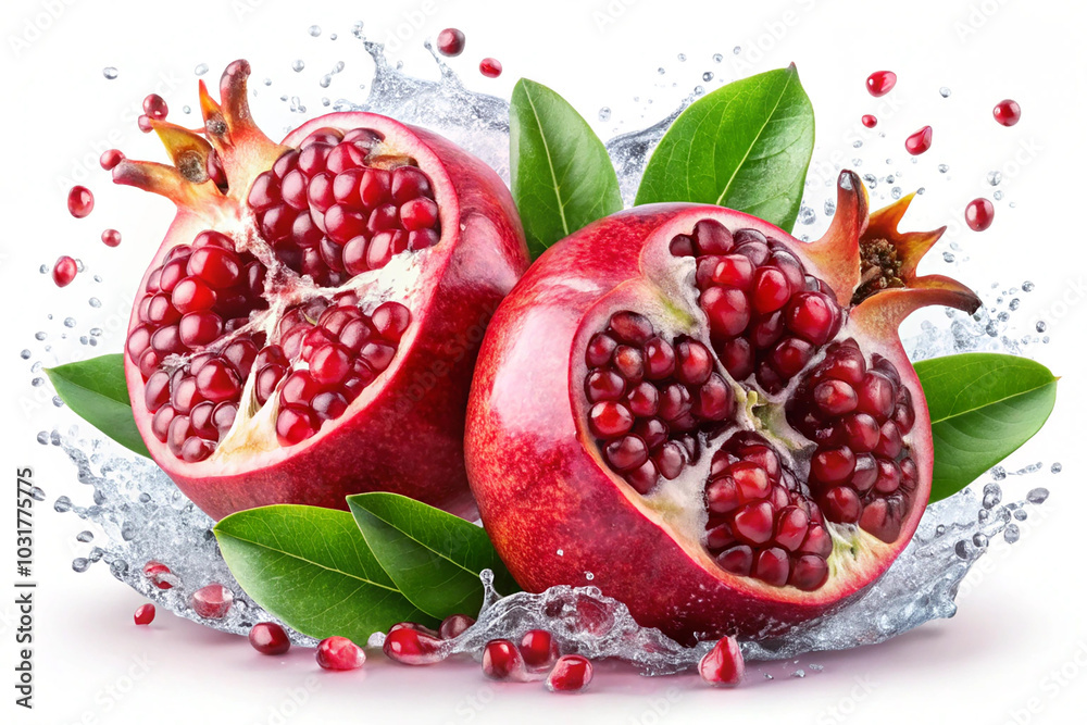 Pomegranate falling into the water and splashing some water drops with some green leaves isolated on a white background Pomegranate falling into the water and splashing some water drops with some green leaves isolated on a white background
