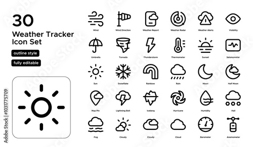 Weather Tracker Line Icon Set: Storm Tracking, Wind Speed, and Rainfall Reports Icons
