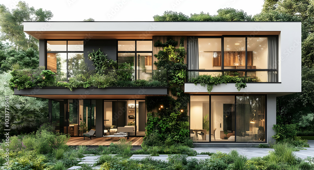 Modern House with Green Roof and Balcony. Modern House with Green Roof and Balcony.