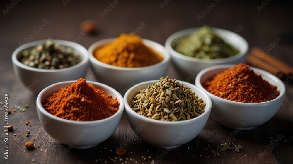An assortment of spices in white bowls on a rustic wooden table. An assortment of spices in white bowls on a rustic wooden table.