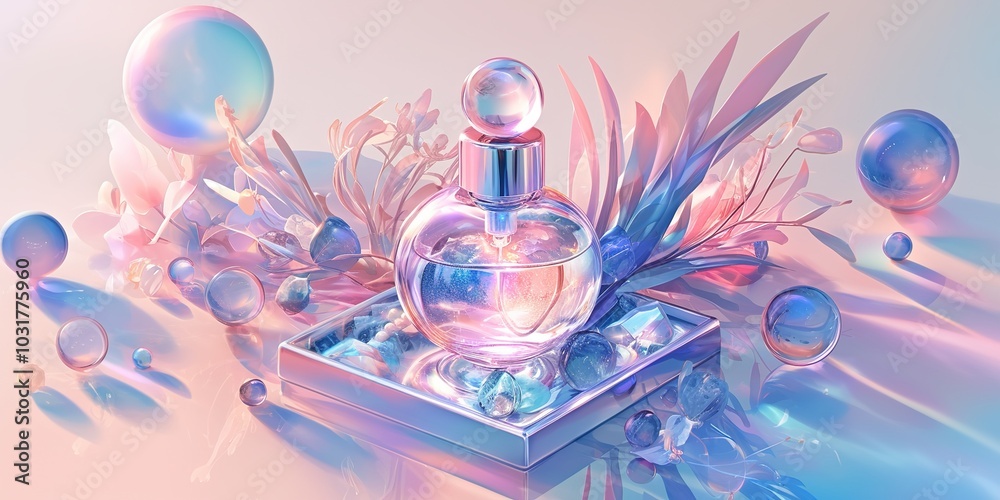 Fototapeta premium Luxurious and Elegant Advertising Background for Cosmetics Featuring Makeup Bottles, Perfect for Shopping Festivals and End-of-Season Promotions, Highlighting the Contrast of Warm and Cool Colors to