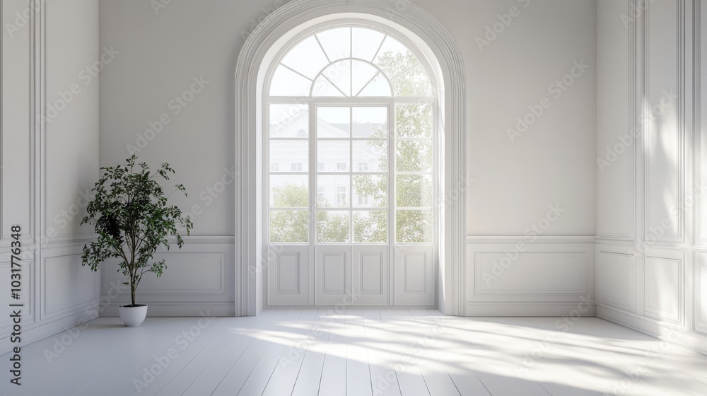 Bright Minimalist Interior with Arch Window Bright Minimalist Interior with Arch Window