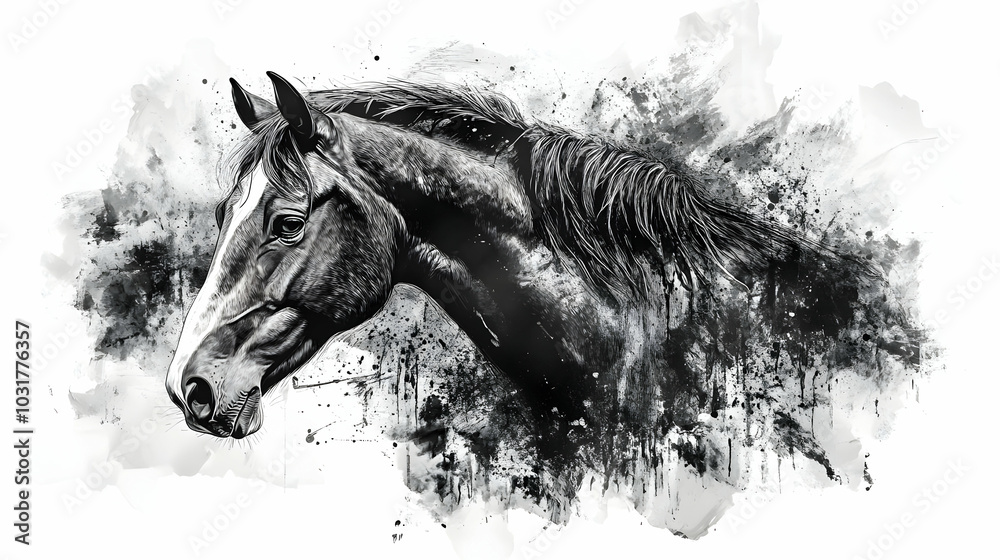 Obraz premium Black and White Horse Portrait with Watercolor Splashes.