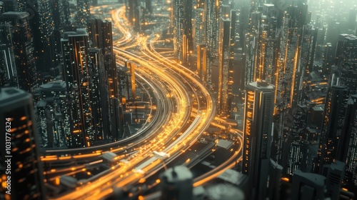 A futuristic city with glowing roads and skyscrapers.