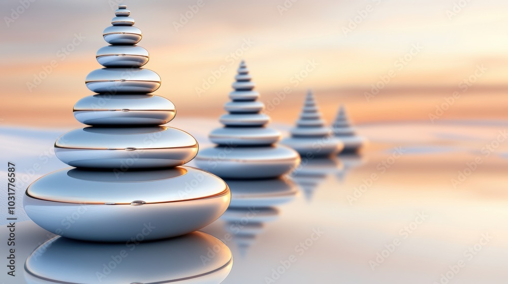 Fototapeta premium Smooth stones stacked in perfect balance create a serene landscape at sunset, AI