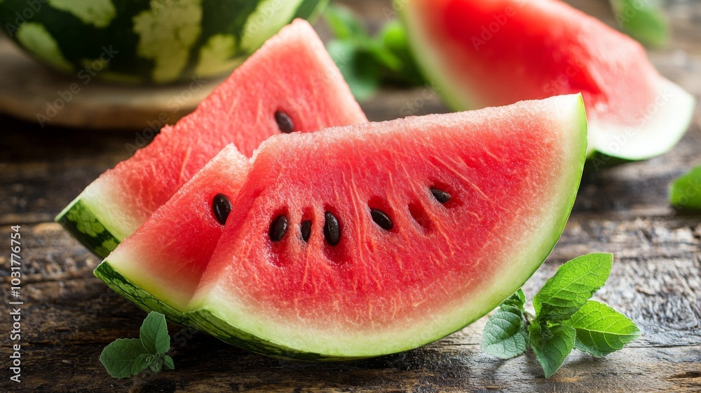Slices of Fresh Watermelon on Rustic Table Slices of Fresh Watermelon on Rustic Table