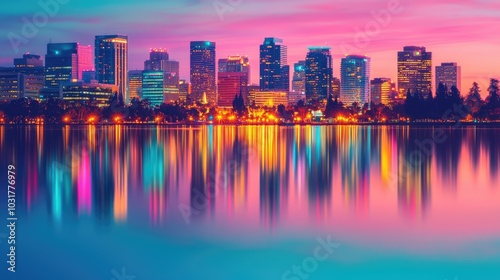 A vibrant city skyline reflects shimmering lights on the water, framed by a stunning sunset of pink and purple hues.