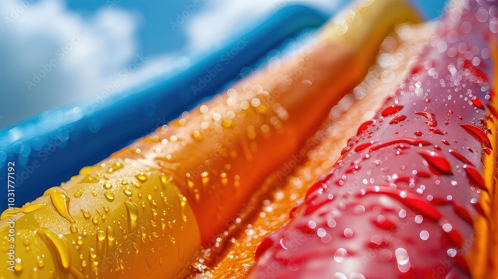 Close-Up of Water Droplets on Colorful Inflatable Slide Close-Up of Water Droplets on Colorful Inflatable Slide
