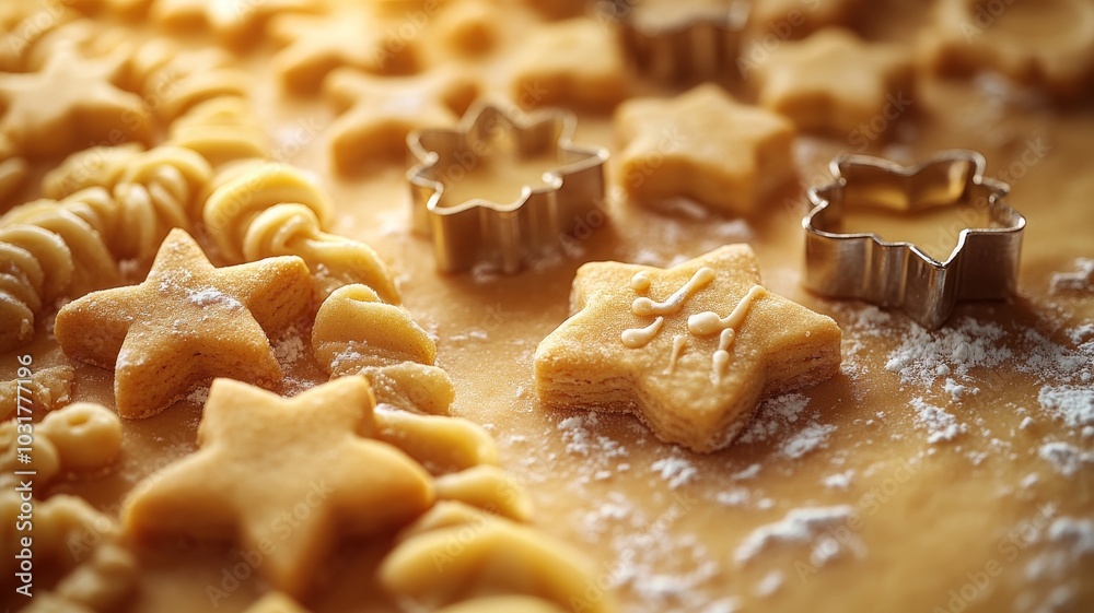 A close-up of a cookie cutter being pressed into dough, with the hand of a baker applying gentle pressure A close-up of a cookie cutter being pressed into dough, with the hand of a baker applying gentle pressure