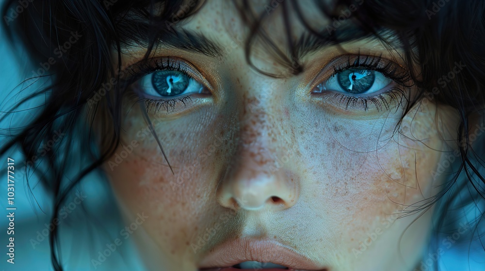 Close Up Portrait of a Woman with Blue Eyes and Freckles