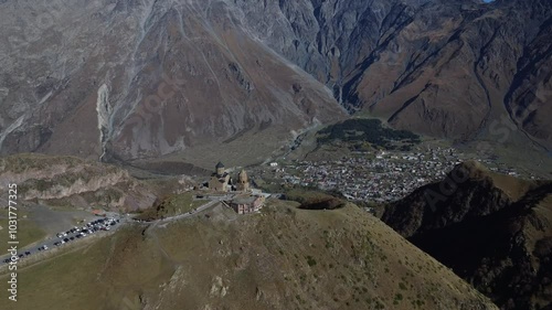 The village near Mount Kazbegi and the famous church on the mountain