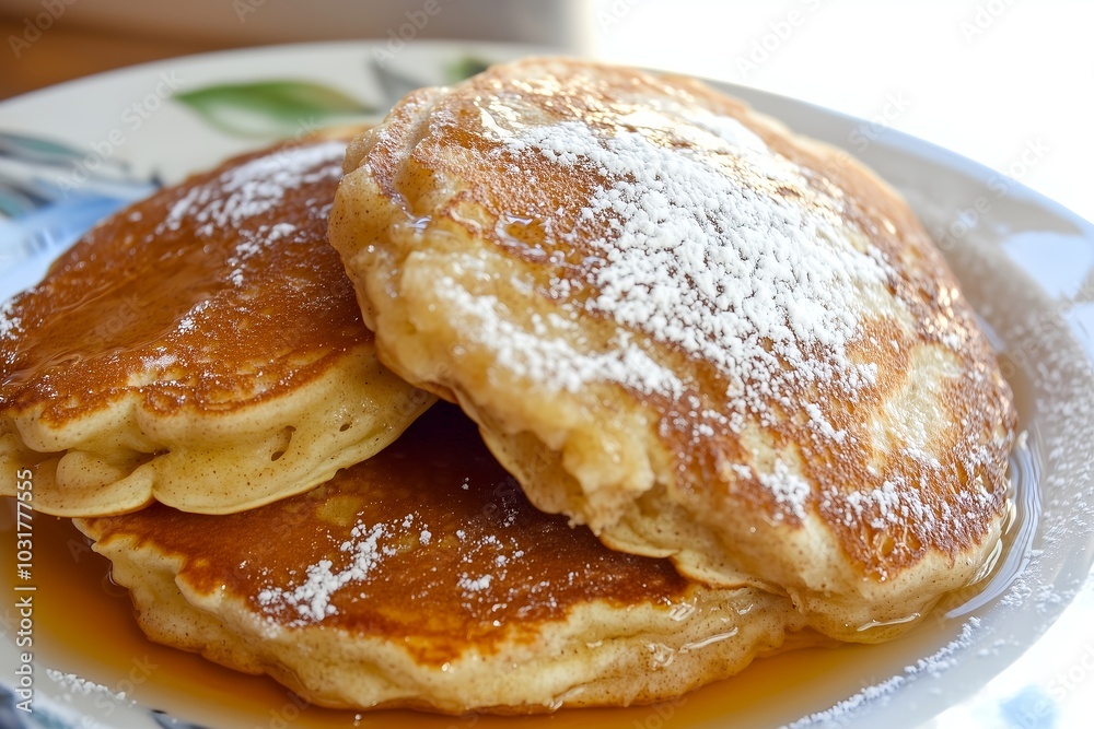 Stack of pancakes with syrup and powdered sugar on plate. Stack of pancakes with syrup and powdered sugar on plate.