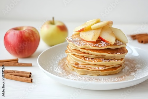 Stack of pancakes with apple slices and cinnamon on white plate photo