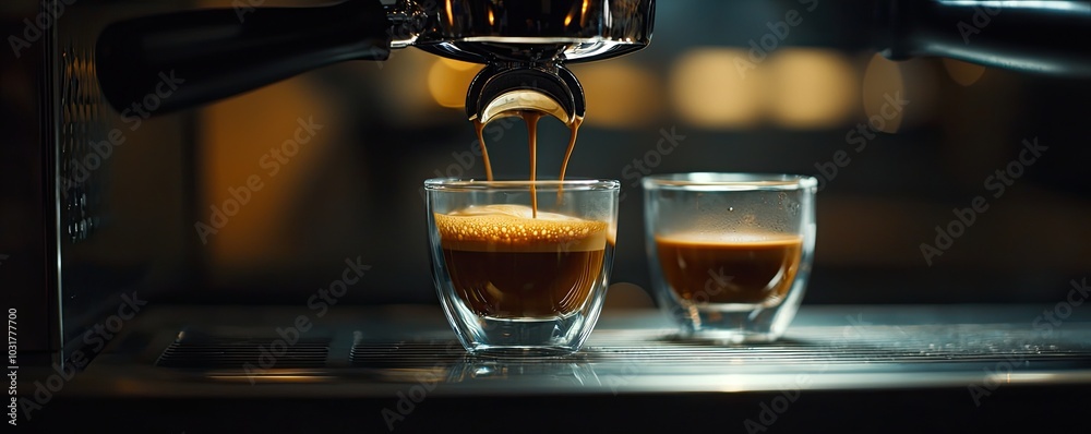 coffee machine is pouring espresso into a glass cup with beautiful foam on a dark background coffee machine is pouring espresso into a glass cup with beautiful foam on a dark background