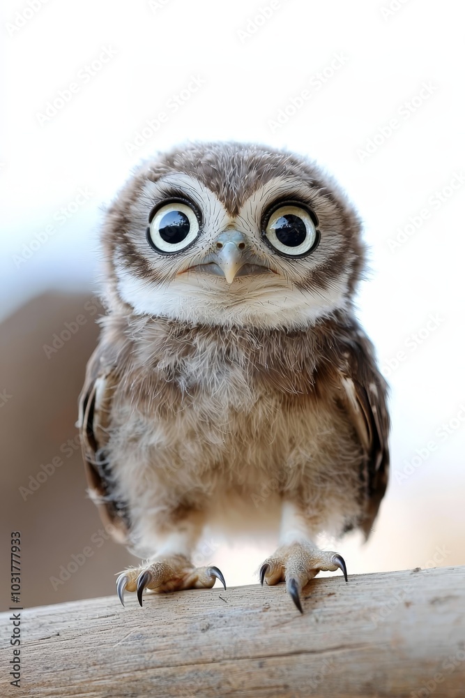 Fototapeta premium A small owl with big, expressive blue eyes gazes sadly at the camera from atop a weathered piece of wood