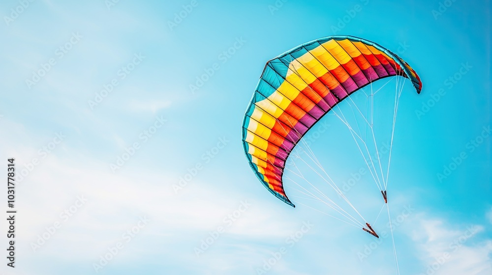 A colorful parachute soars through a clear blue sky, showcasing vibrant hues against the serene backdrop of nature. A colorful parachute soars through a clear blue sky, showcasing vibrant hues against the serene backdrop of nature.