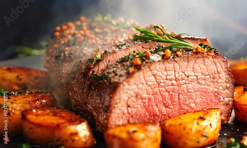 Juicy rosemary garlic beef roast with crispy potatoes and herbs cooked to perfection