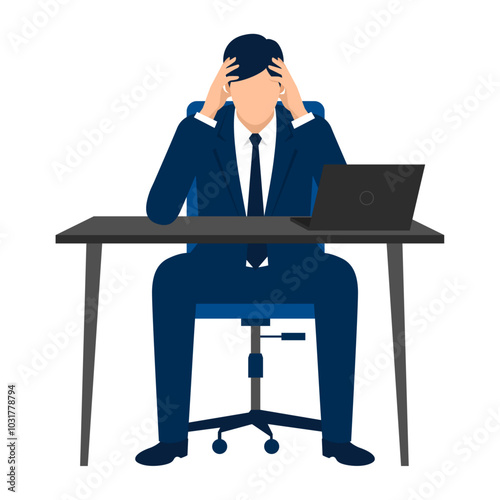 机に座って頭を抱える会社員のイラスト、ベクター