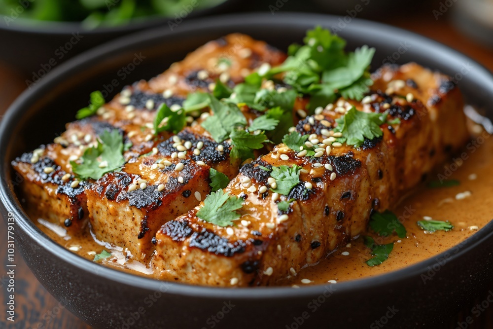 vegan, vegetarian food, Slices of tender vegan seitan in a rich, spicy Thai peanut sauce, garnished with coriander and sesame seeds. vegan, vegetarian food, Slices of tender vegan seitan in a rich, spicy Thai peanut sauce, garnished with coriander and sesame seeds.