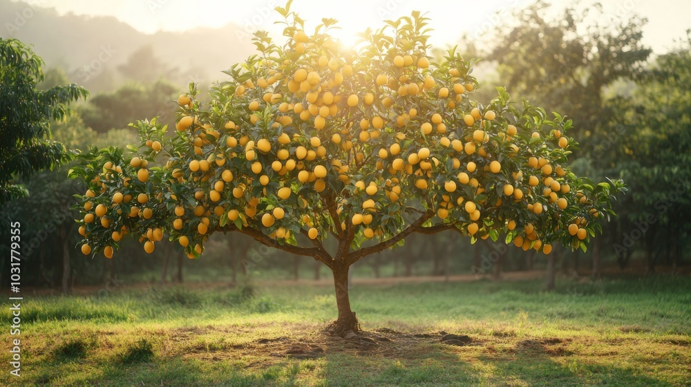 Naklejka premium Sunlit Lemon Tree Laden with Fruits