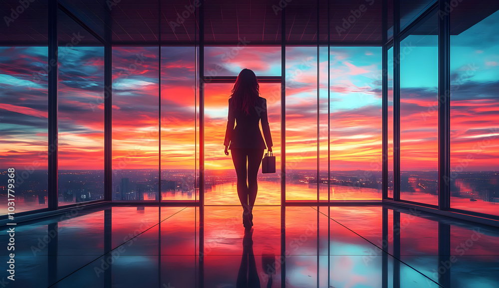 Businesswoman Looking at Sunset from Skyscraper.