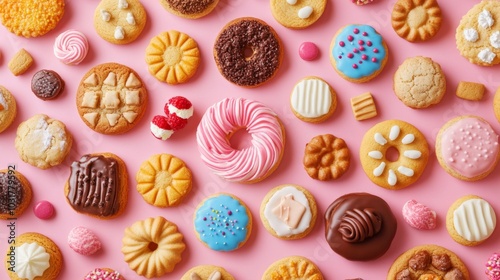 Assorted Colorful Cookies on Pink Background