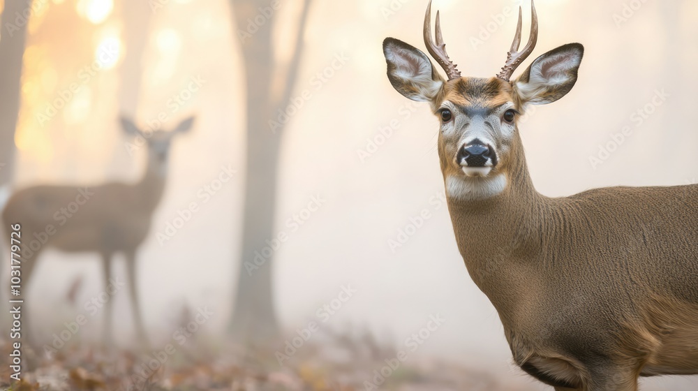 A majestic deer stands in a misty forest, with soft sunlight filtering through the trees, creating a serene and tranquil atmosphere. A majestic deer stands in a misty forest, with soft sunlight filtering through the trees, creating a serene and tranquil atmosphere.