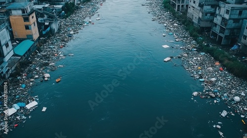 A polluted river, filled with trash, surrounded by urban buildings, highlighting environmental degradation. photo