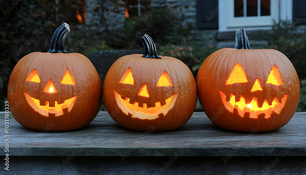 Three Lit Jack-o'-Lanterns on a Wooden Table. Three Lit Jack-o'-Lanterns on a Wooden Table.