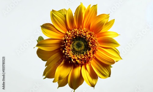 A single, yellow sunflower with a green center and yellow petals, isolated on a white background.