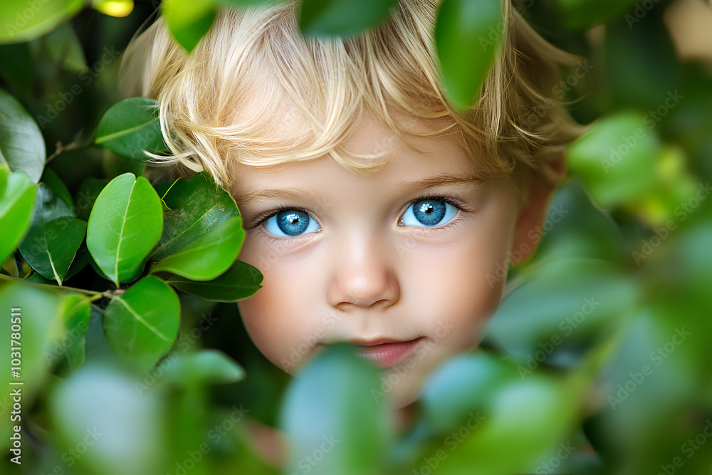 A little boy peeks through the greenery A little boy peeks through the greenery
