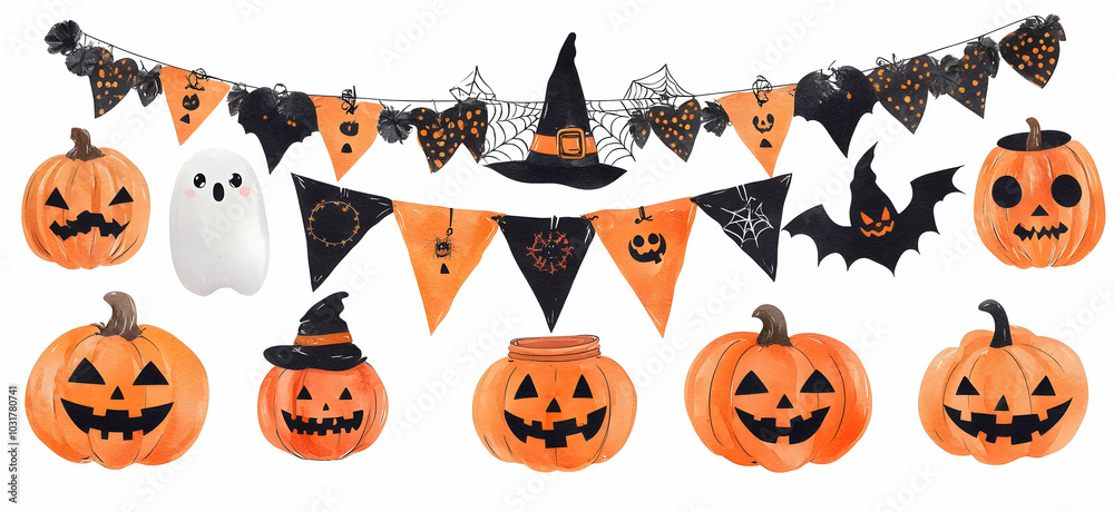 Halloween Clip Art Set, Pumpkins, Bats, Ghosts, Witch Hat and Bunting Halloween Clip Art Set, Pumpkins, Bats, Ghosts, Witch Hat and Bunting