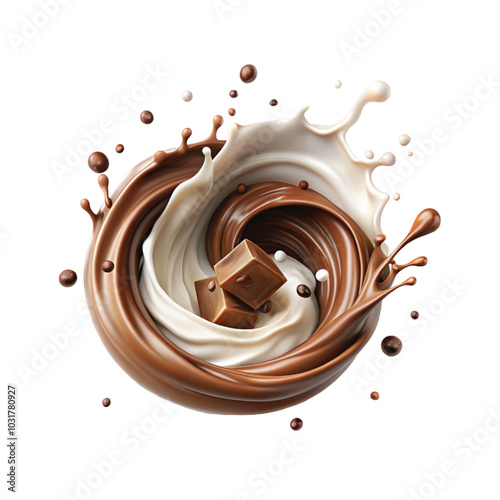 Realistic Milk and chocolate splash swirls and flow. Melted brown choco and milky waves with drops png background