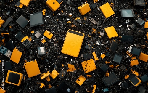 Aerial view of discarded electronic devices with black and yellow colors, showcasing e-waste recycling. photo