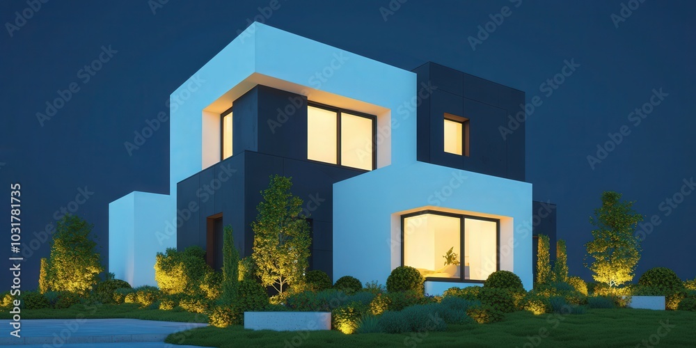 Modern House with Illuminated Windows and Landscaping at Night Modern House with Illuminated Windows and Landscaping at Night