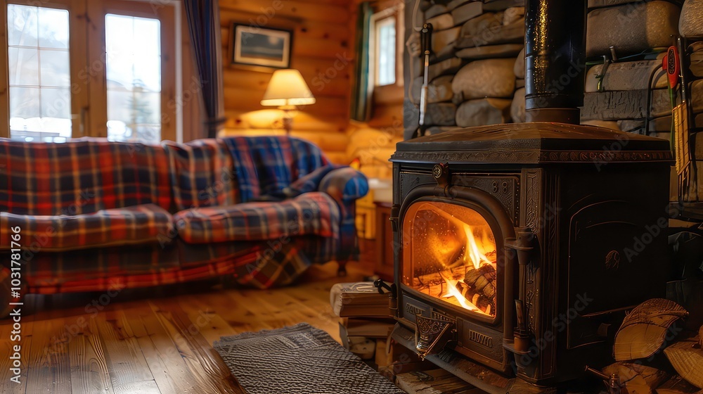 A close-up view of a wood-burning stove in a cabin living room, with flames blazing inside and a cozy sofa in the background. A close-up view of a wood-burning stove in a cabin living room, with flames blazing inside and a cozy sofa in the background.