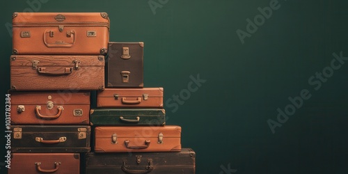 Stack of vintage suitcases against a dark green background, representing travel, nostalgia, and adventure. Ideal for retro-themed projects. photo