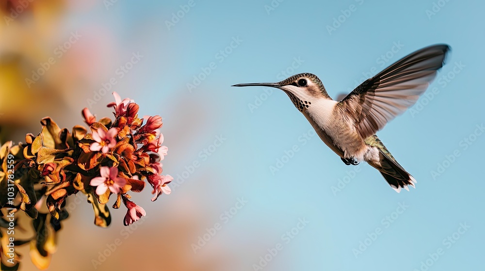 A hummingbird hovers near pink flowers against a clear blue sky, showcasing its vibrant feathers and swift motion. A hummingbird hovers near pink flowers against a clear blue sky, showcasing its vibrant feathers and swift motion.