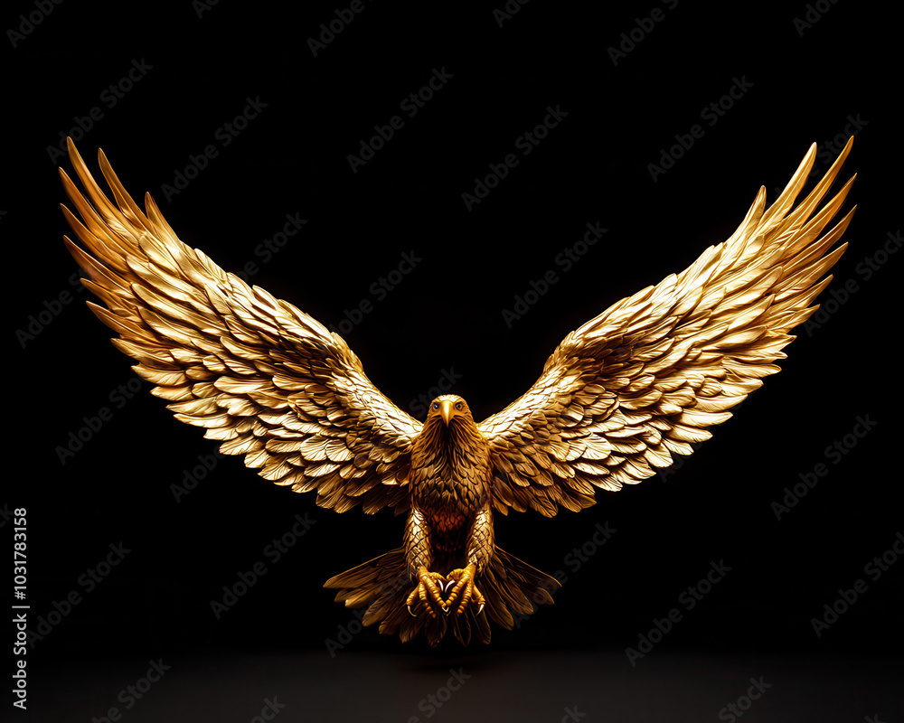 Artistic golden eagle spreads its wings on a black background