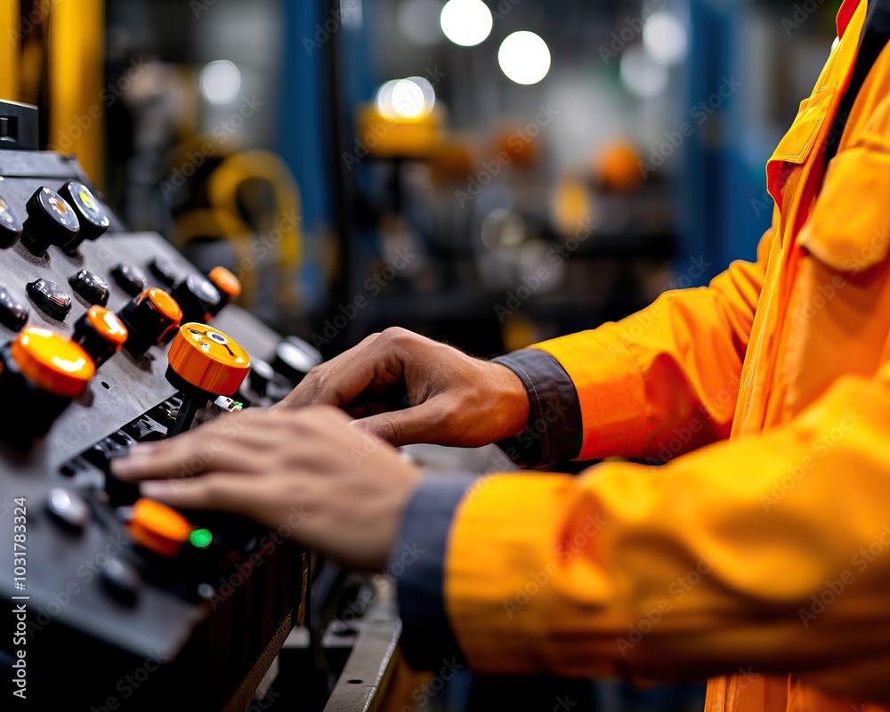 Worker in an orange jacket operating control panel in a factory setting. Worker in an orange jacket operating control panel in a factory setting.