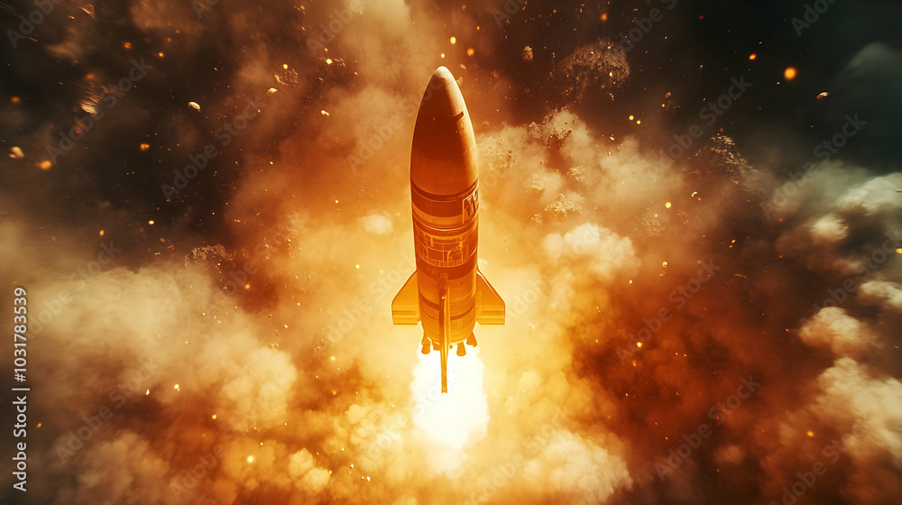 Rocket Launch into Space with Smoke and Fire. Rocket Launch into Space with Smoke and Fire.