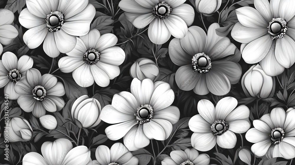 Black and white seamless pattern with flowers. Ink Drawing Black and white seamless pattern with flowers. Ink Drawing