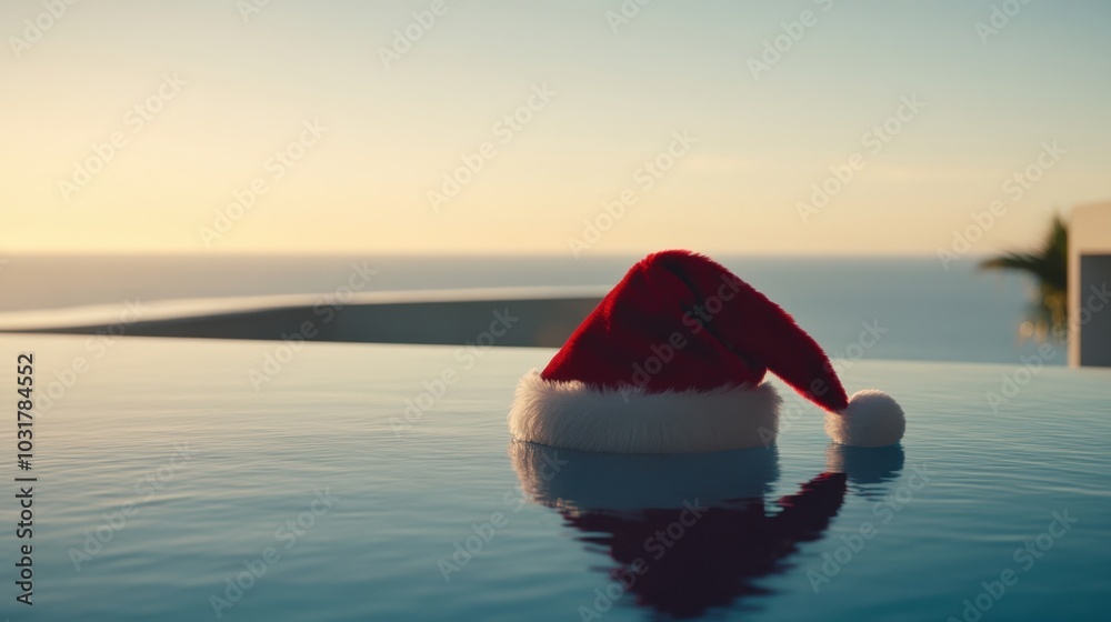 Santa hat at the hotel pool, holiday promotion for travel agency services Santa hat at the hotel pool, holiday promotion for travel agency services