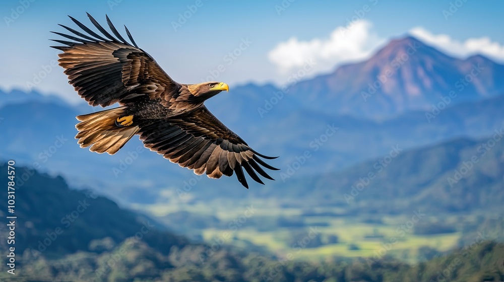 Fototapeta premium A majestic eagle soars over a mountainous landscape, showcasing its powerful wings against a backdrop of hills and a distant peak.