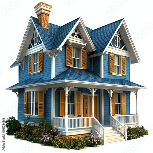 Blue Two Story House with Porch and White Shutters 3D Rendering