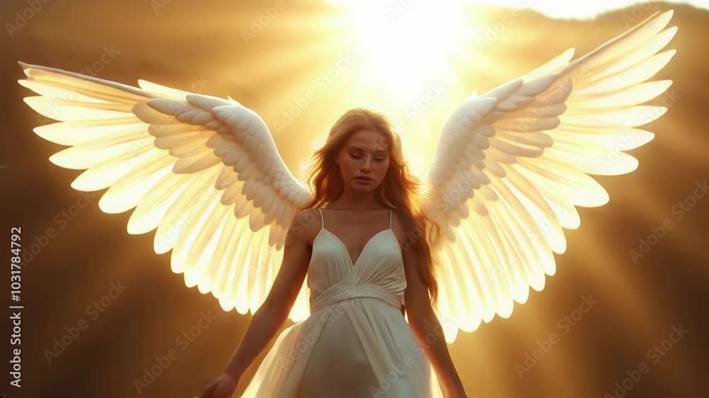A stunning angelic figure bathed in golden light, with radiant wings ...