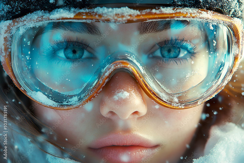 Woman At The Ski Resort On The Background Of Mountains And Blue Sky.A Mountain Range Reflected In The Ski Mask. Winter Sports. Woman At The Ski Resort On The Background Of Mountains And Blue Sky.A Mountain Range Reflected In The Ski Mask. Winter Sports.