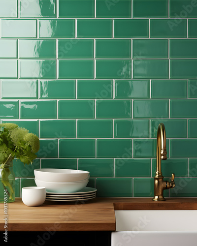 This stylish kitchen features a trendy green subway tile backsplash, elegant brass faucet, and sophisticated white ceramic dishes, ideal for a modern and chic home interior design