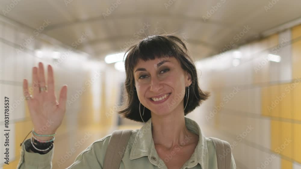 Friendly, cheerful, happy smiling woman with backpack waving at you with raised hand. Attractive girl greeting friend, saying hi or hello, greeting guest on platform.