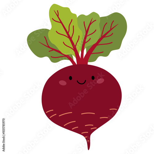 Flat vector illustration on white background in children's style. Beet with cute face. Vector illustration